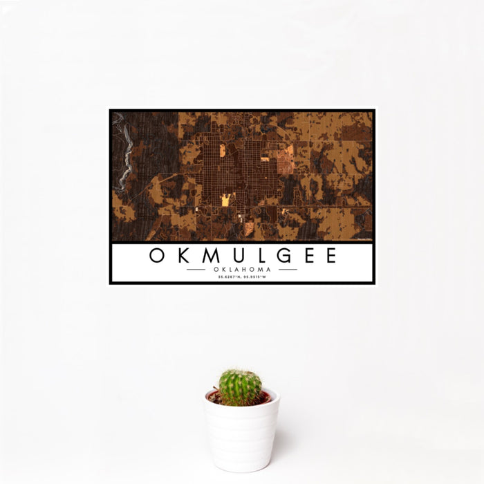 12x18 Okmulgee Oklahoma Map Print Landscape Orientation in Ember Style With Small Cactus Plant in White Planter