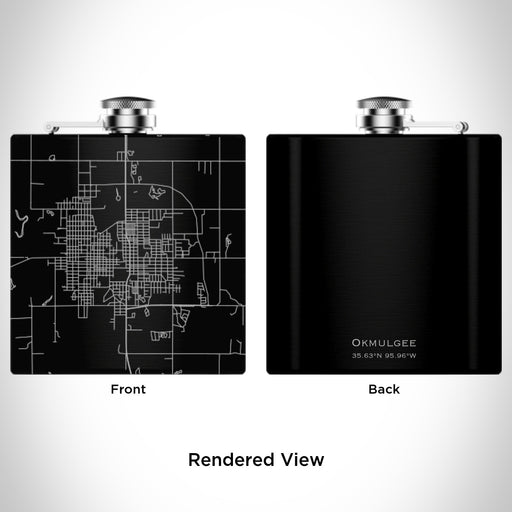 Rendered View of Okmulgee Oklahoma Map Engraving on 6oz Stainless Steel Flask in Black