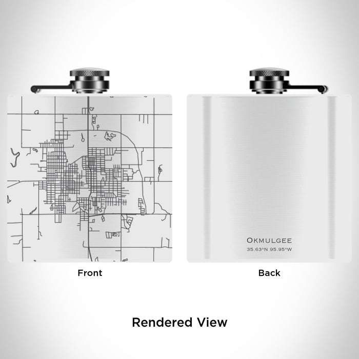 Rendered View of Okmulgee Oklahoma Map Engraving on 6oz Stainless Steel Flask in White
