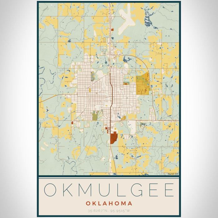 Okmulgee Oklahoma Map Print Portrait Orientation in Woodblock Style With Shaded Background