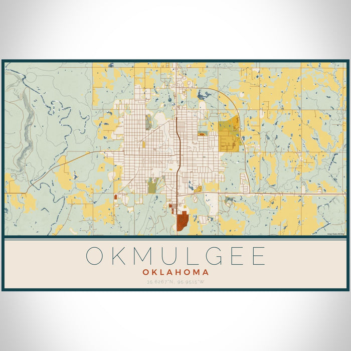Okmulgee Oklahoma Map Print Landscape Orientation in Woodblock Style With Shaded Background