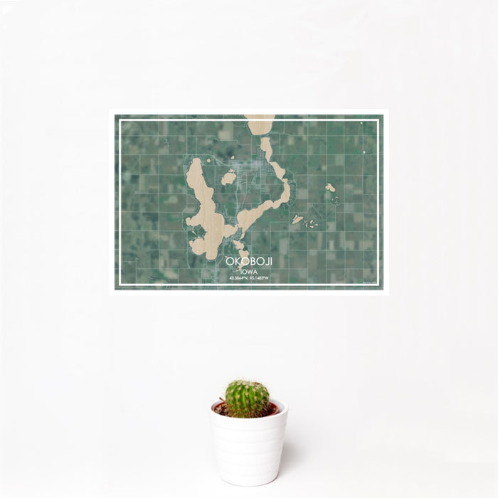 12x18 Okoboji Iowa Map Print Landscape Orientation in Afternoon Style With Small Cactus Plant in White Planter