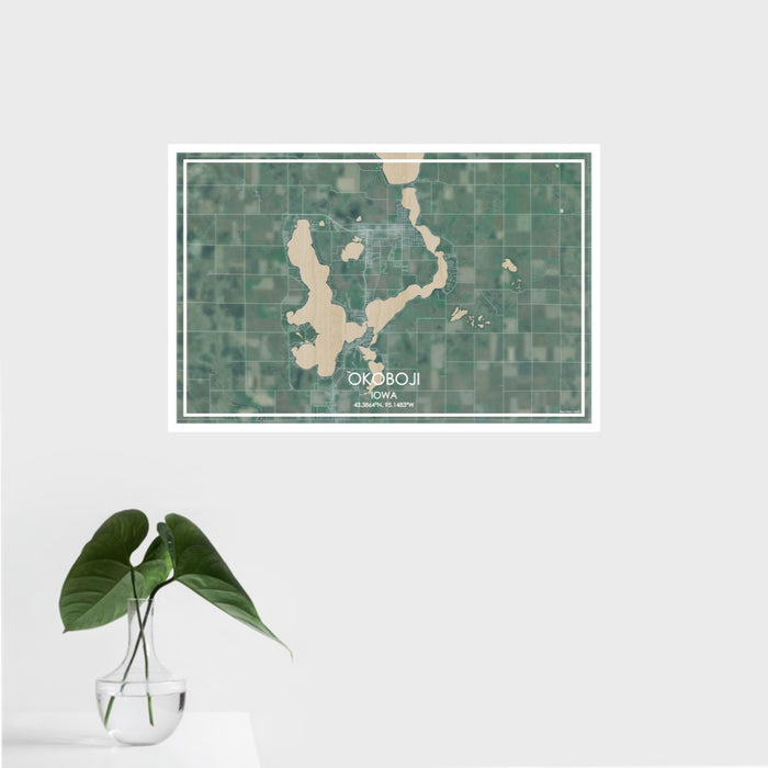 16x24 Okoboji Iowa Map Print Landscape Orientation in Afternoon Style With Tropical Plant Leaves in Water