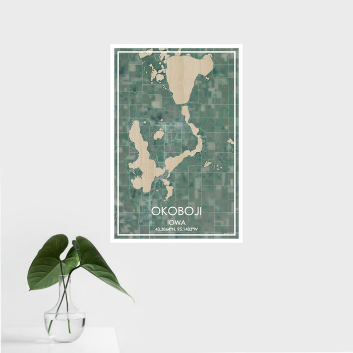 16x24 Okoboji Iowa Map Print Portrait Orientation in Afternoon Style With Tropical Plant Leaves in Water