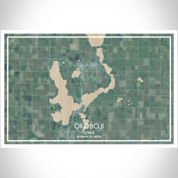 Okoboji Iowa Map Print Landscape Orientation in Afternoon Style With Shaded Background