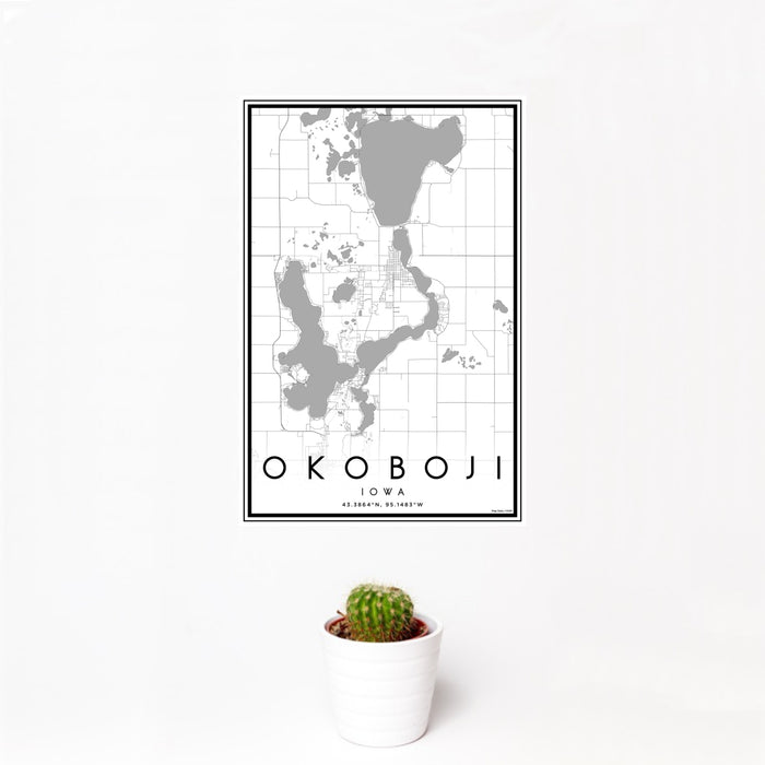 12x18 Okoboji Iowa Map Print Portrait Orientation in Classic Style With Small Cactus Plant in White Planter