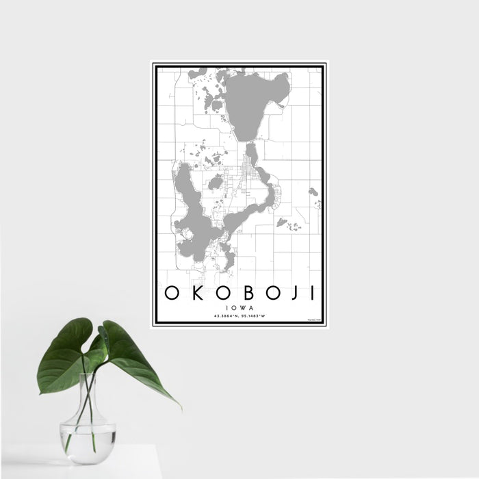 16x24 Okoboji Iowa Map Print Portrait Orientation in Classic Style With Tropical Plant Leaves in Water