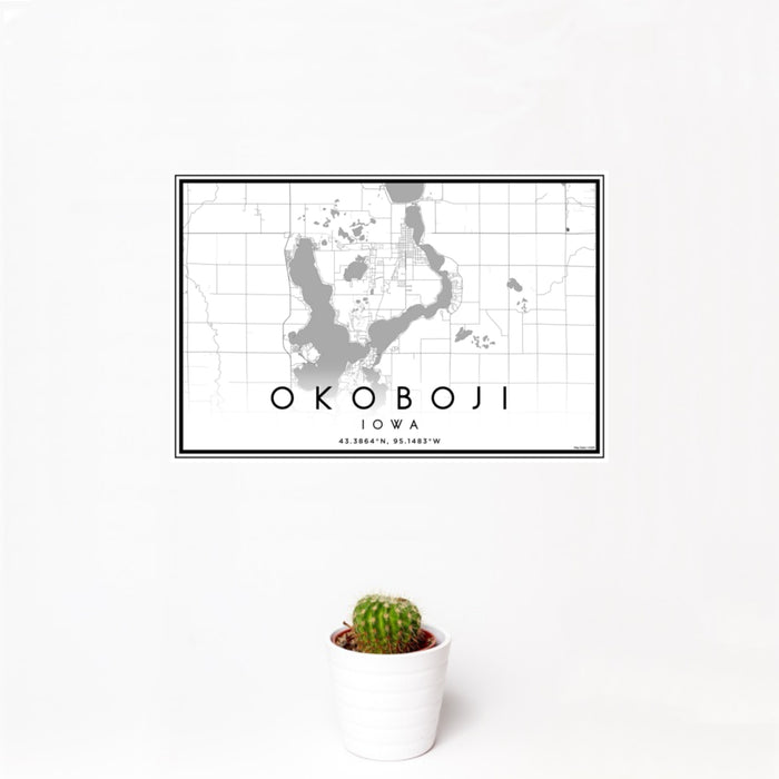 12x18 Okoboji Iowa Map Print Landscape Orientation in Classic Style With Small Cactus Plant in White Planter