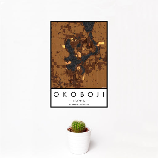 12x18 Okoboji Iowa Map Print Portrait Orientation in Ember Style With Small Cactus Plant in White Planter