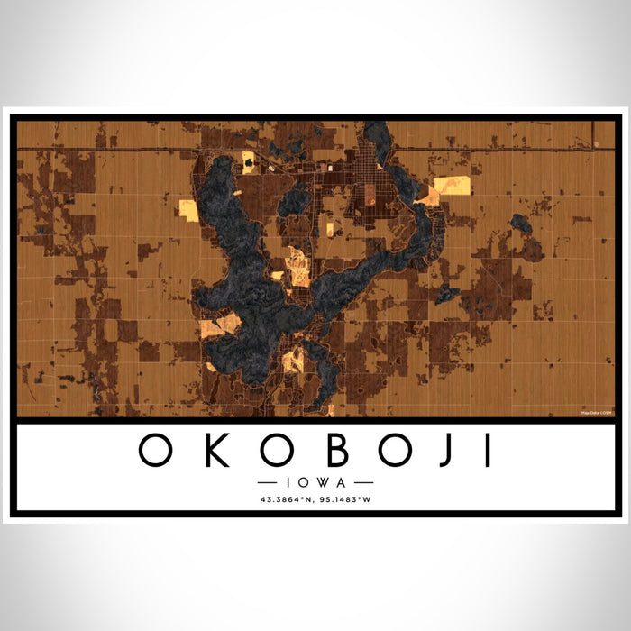 Okoboji Iowa Map Print Landscape Orientation in Ember Style With Shaded Background