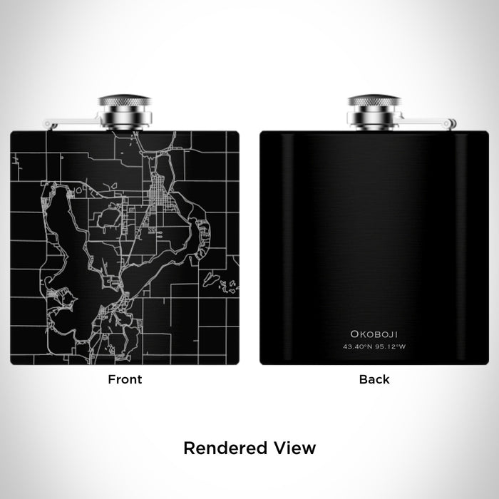 Rendered View of Okoboji Iowa Map Engraving on 6oz Stainless Steel Flask in Black