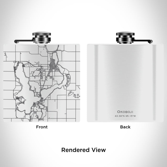 Rendered View of Okoboji Iowa Map Engraving on 6oz Stainless Steel Flask in White