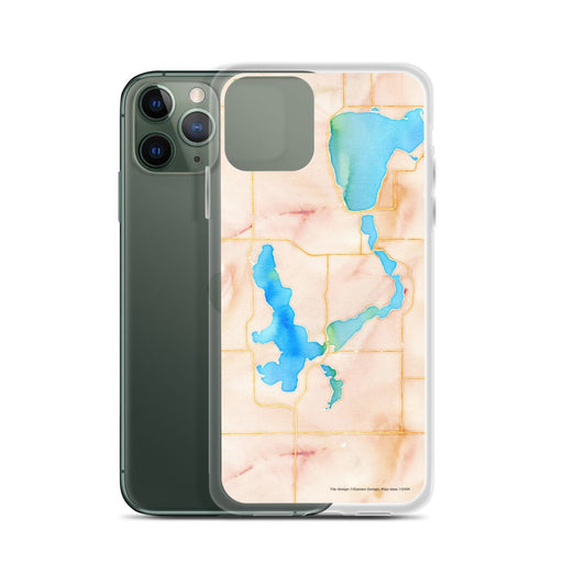 Custom Okoboji Iowa Map Phone Case in Watercolor on Table with Laptop and Plant