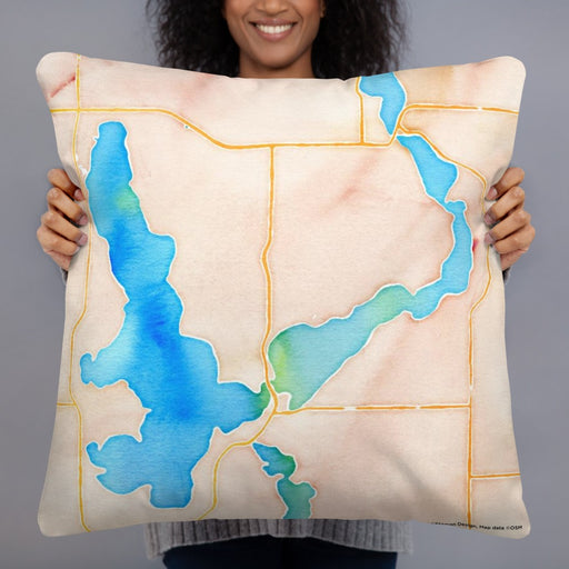 Person holding 22x22 Custom Okoboji Iowa Map Throw Pillow in Watercolor