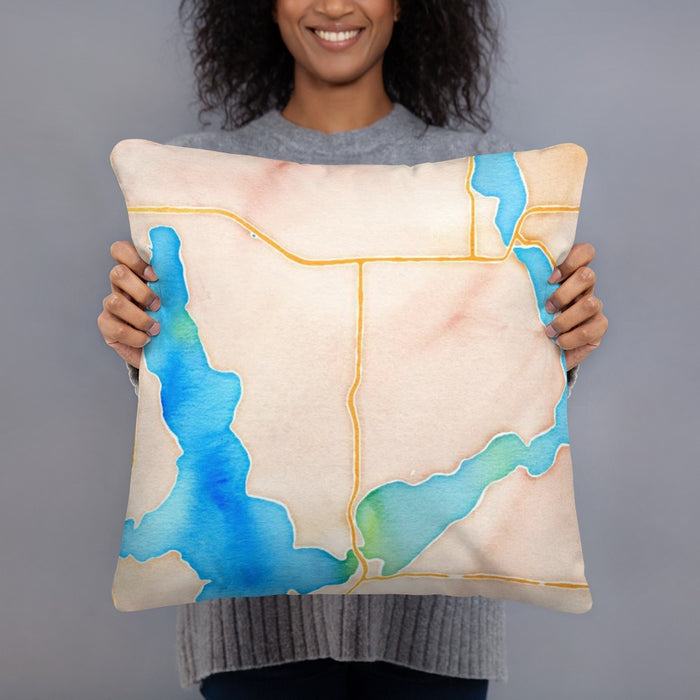 Person holding 18x18 Custom Okoboji Iowa Map Throw Pillow in Watercolor