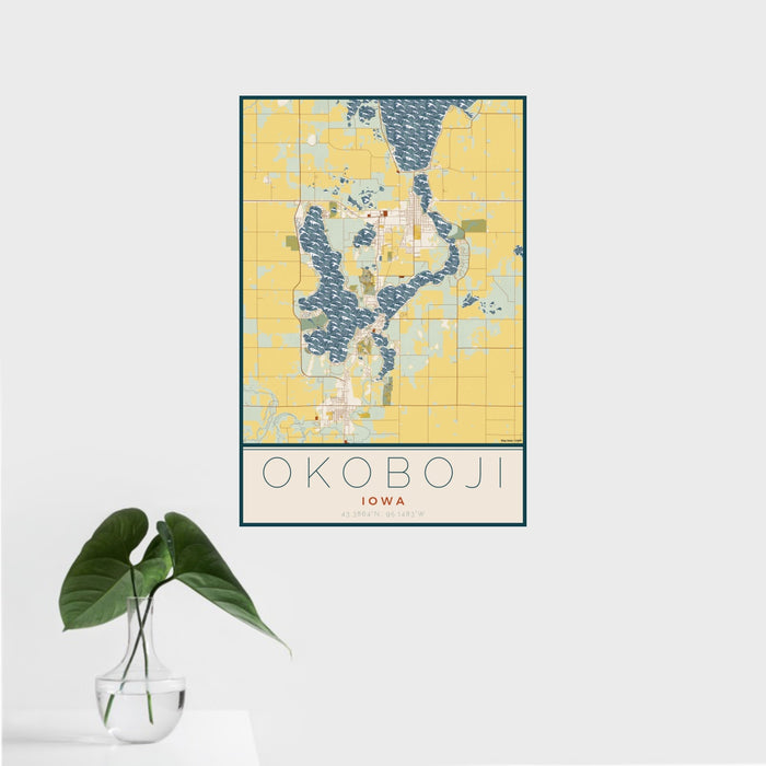 16x24 Okoboji Iowa Map Print Portrait Orientation in Woodblock Style With Tropical Plant Leaves in Water