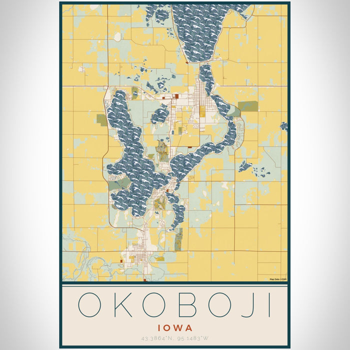 Okoboji Iowa Map Print Portrait Orientation in Woodblock Style With Shaded Background