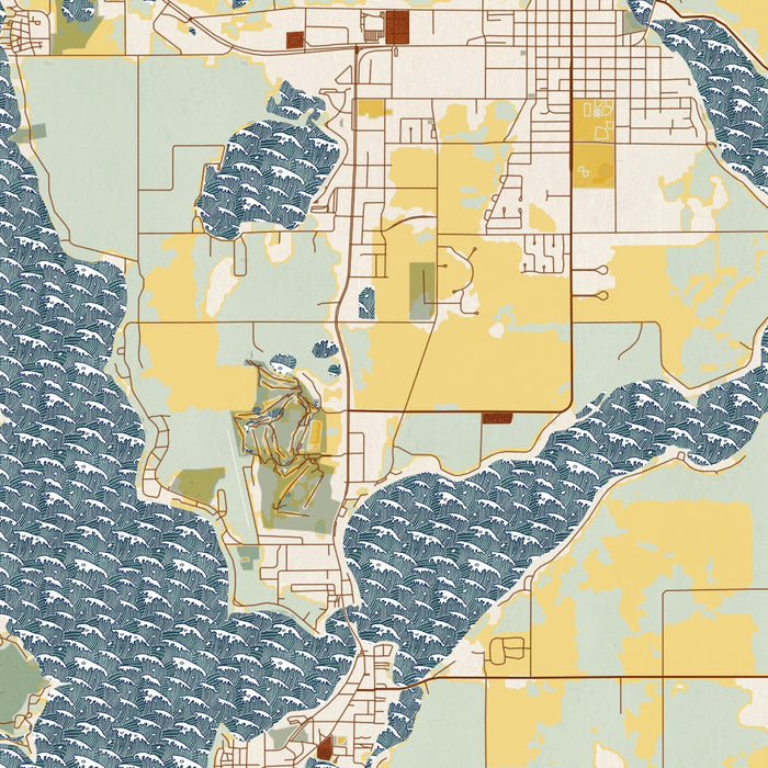 Okoboji Iowa Map Print in Woodblock Style Zoomed In Close Up Showing Details