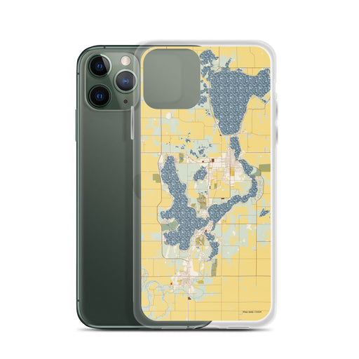 Custom Okoboji Iowa Map Phone Case in Woodblock on Table with Laptop and Plant