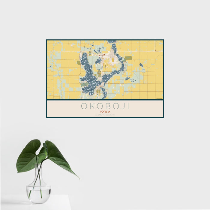 16x24 Okoboji Iowa Map Print Landscape Orientation in Woodblock Style With Tropical Plant Leaves in Water