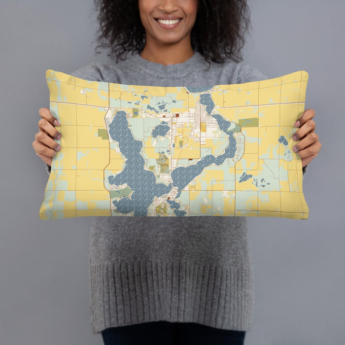 Person holding 20x12 Custom Okoboji Iowa Map Throw Pillow in Woodblock