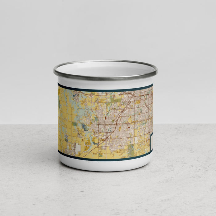 Front View Custom Olathe Kansas Map Enamel Mug in Woodblock