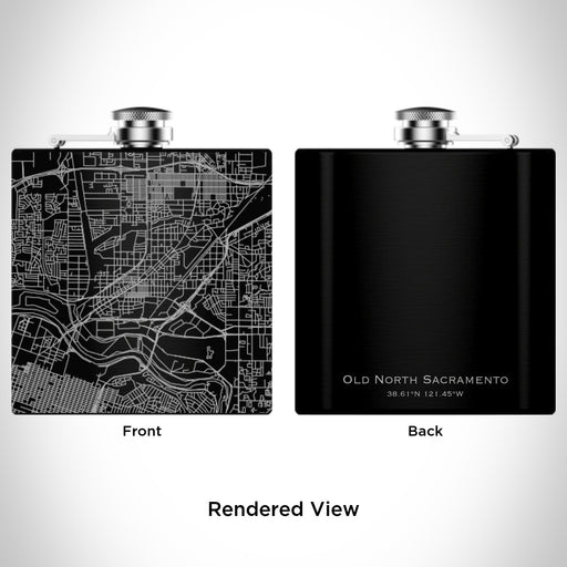 Rendered View of Old North Sacramento California Map Engraving on 6oz Stainless Steel Flask in Black