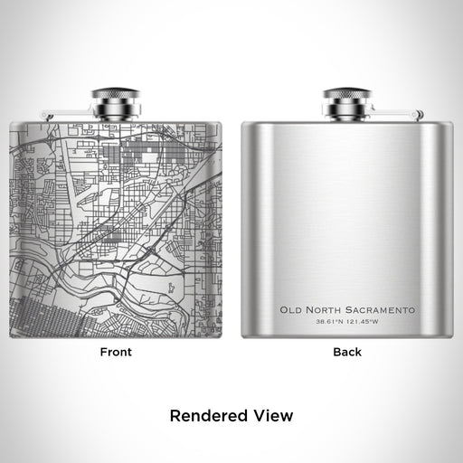 Rendered View of Old North Sacramento California Map Engraving on 6oz Stainless Steel Flask