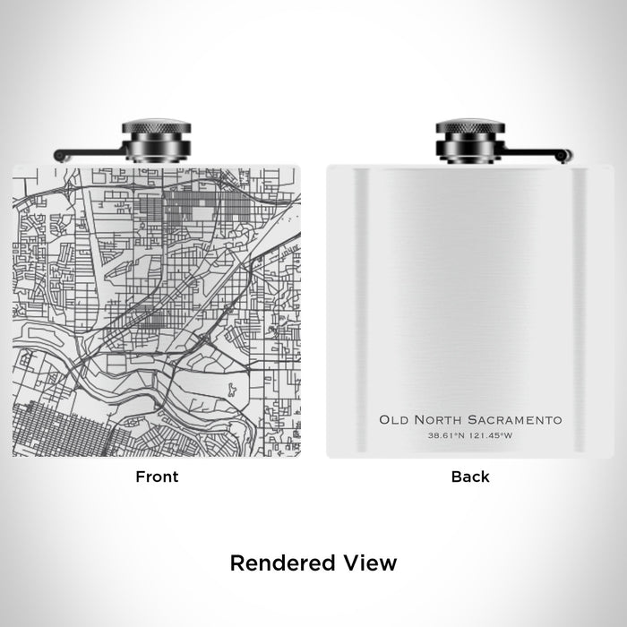 Rendered View of Old North Sacramento California Map Engraving on 6oz Stainless Steel Flask in White