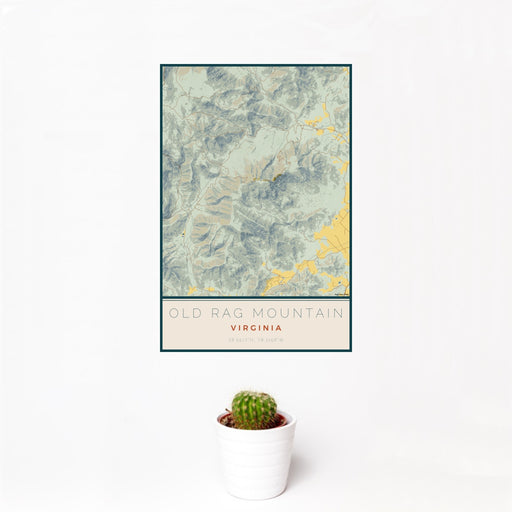 12x18 Old Rag Mountain Virginia Map Print Portrait Orientation in Woodblock Style With Small Cactus Plant in White Planter