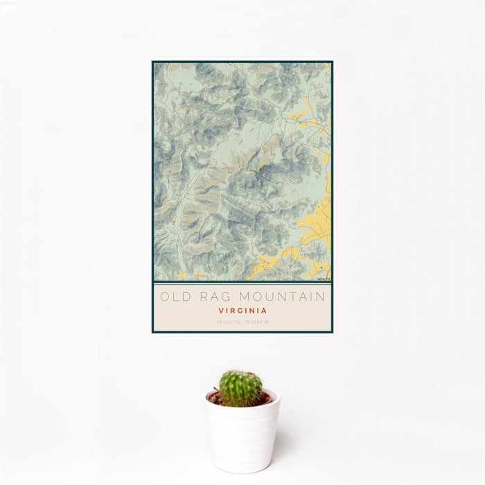 12x18 Old Rag Mountain Virginia Map Print Portrait Orientation in Woodblock Style With Small Cactus Plant in White Planter