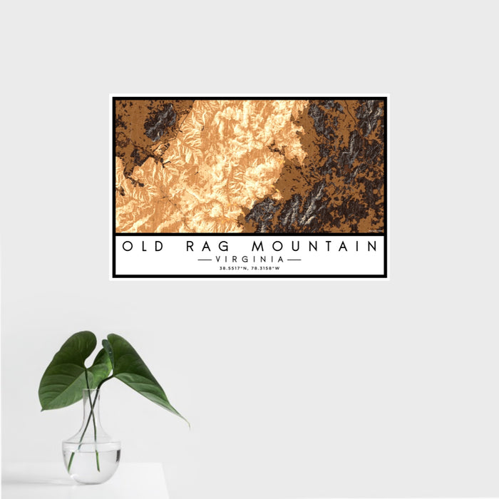16x24 Old Rag Mountain Virginia Map Print Landscape Orientation in Ember Style With Tropical Plant Leaves in Water
