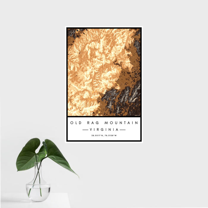 16x24 Old Rag Mountain Virginia Map Print Portrait Orientation in Ember Style With Tropical Plant Leaves in Water
