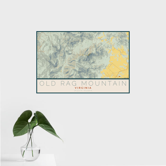 16x24 Old Rag Mountain Virginia Map Print Landscape Orientation in Woodblock Style With Tropical Plant Leaves in Water