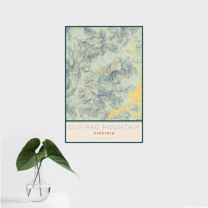 16x24 Old Rag Mountain Virginia Map Print Portrait Orientation in Woodblock Style With Tropical Plant Leaves in Water