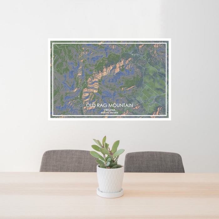 24x36 Old Rag Mountain Virginia Map Print Lanscape Orientation in Afternoon Style Behind 2 Chairs Table and Potted Plant