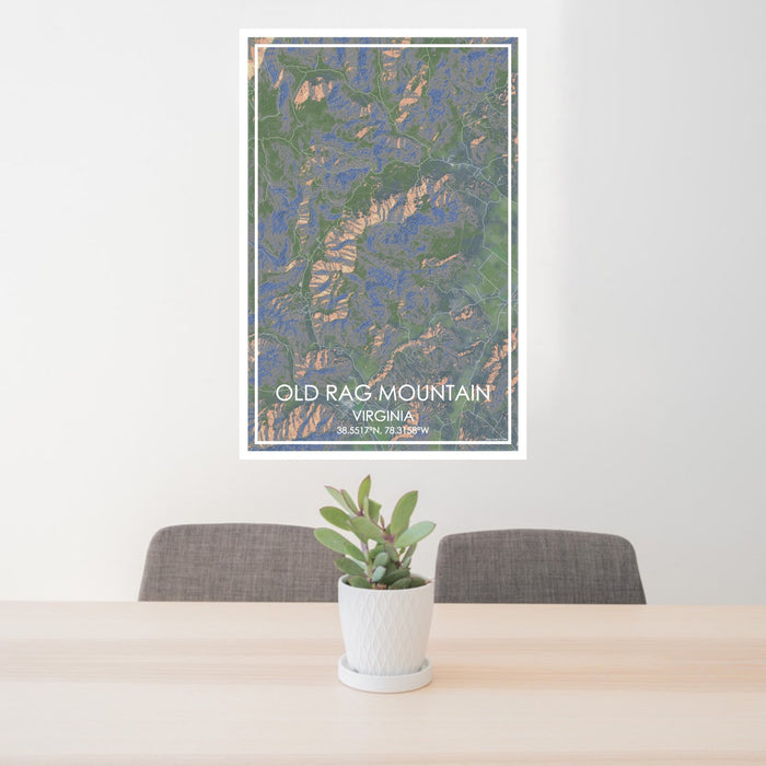 24x36 Old Rag Mountain Virginia Map Print Portrait Orientation in Afternoon Style Behind 2 Chairs Table and Potted Plant