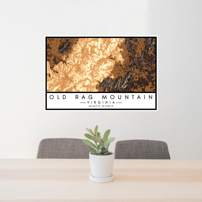 24x36 Old Rag Mountain Virginia Map Print Lanscape Orientation in Ember Style Behind 2 Chairs Table and Potted Plant