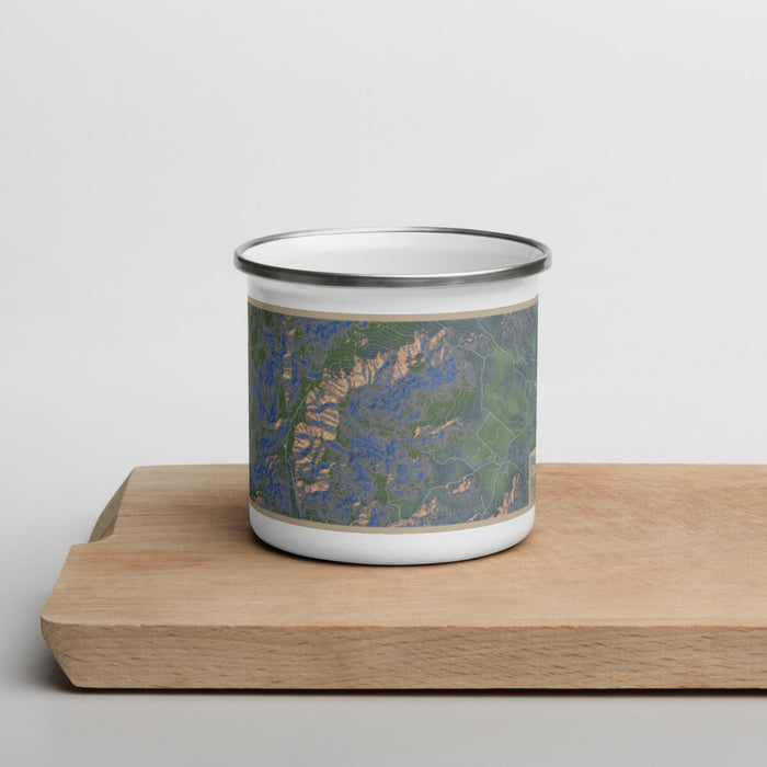 Front View Custom Old Rag Mountain Virginia Map Enamel Mug in Afternoon on Cutting Board
