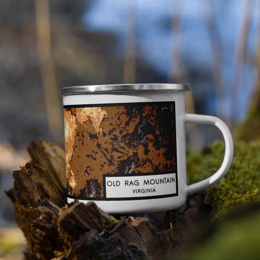 Right View Custom Old Rag Mountain Virginia Map Enamel Mug in Ember on Grass With Trees in Background