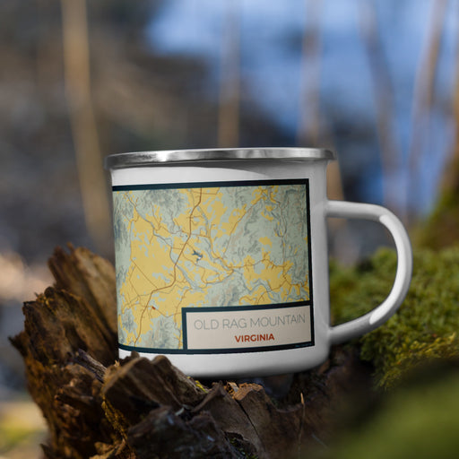 Right View Custom Old Rag Mountain Virginia Map Enamel Mug in Woodblock on Grass With Trees in Background