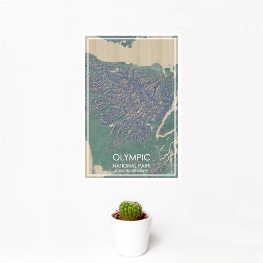 12x18 Olympic National Park Map Print Portrait Orientation in Afternoon Style With Small Cactus Plant in White Planter