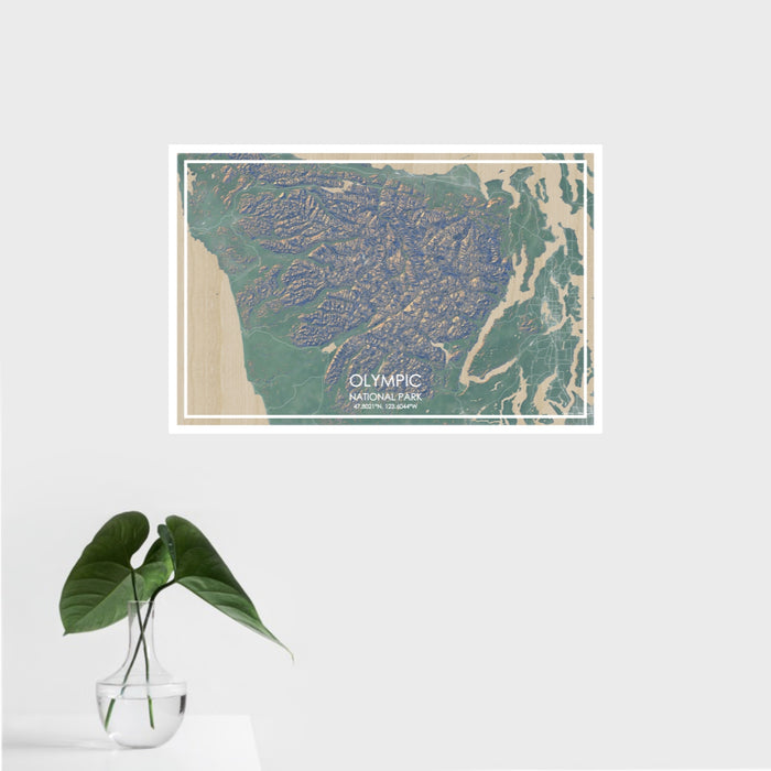 16x24 Olympic National Park Map Print Landscape Orientation in Afternoon Style With Tropical Plant Leaves in Water