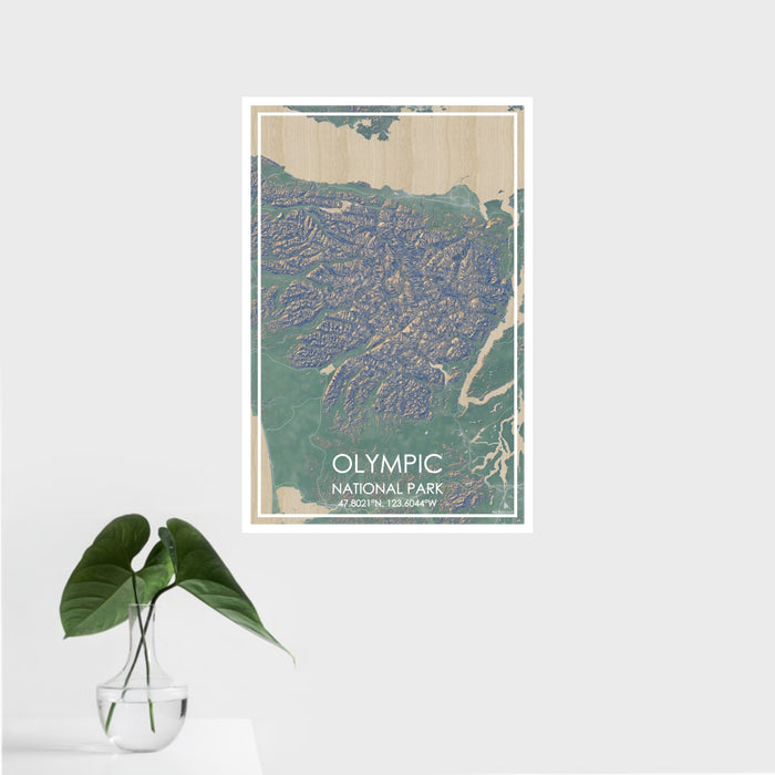 16x24 Olympic National Park Map Print Portrait Orientation in Afternoon Style With Tropical Plant Leaves in Water