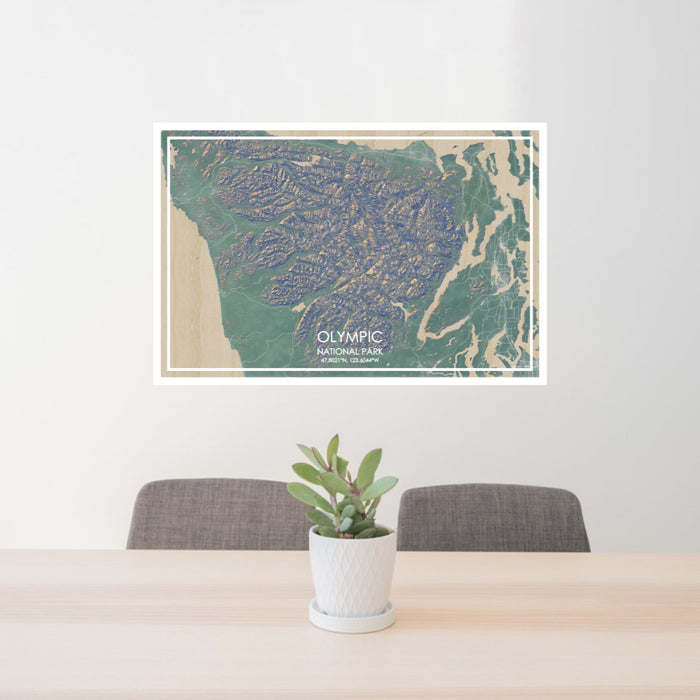 24x36 Olympic National Park Map Print Lanscape Orientation in Afternoon Style Behind 2 Chairs Table and Potted Plant