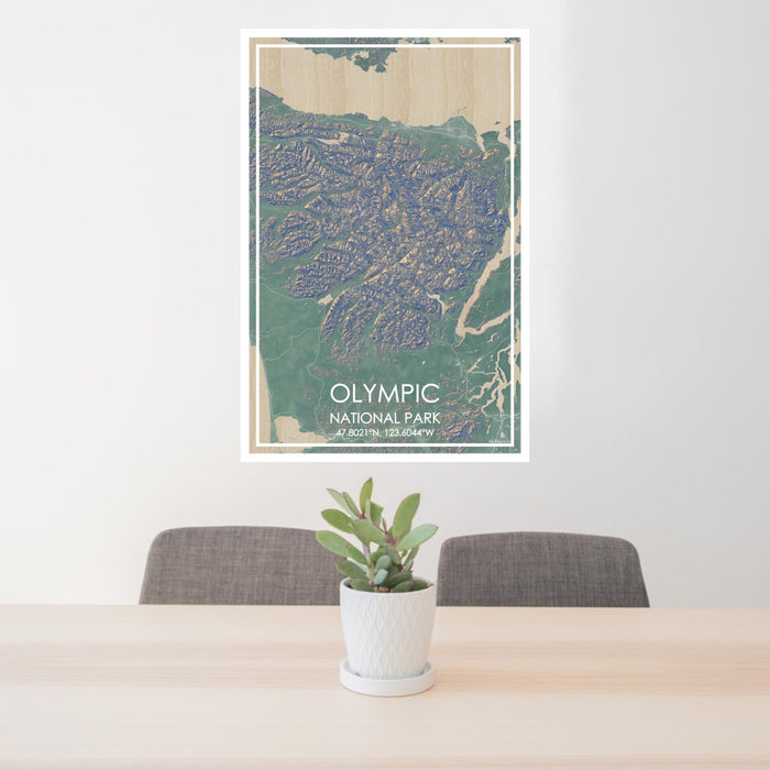 24x36 Olympic National Park Map Print Portrait Orientation in Afternoon Style Behind 2 Chairs Table and Potted Plant