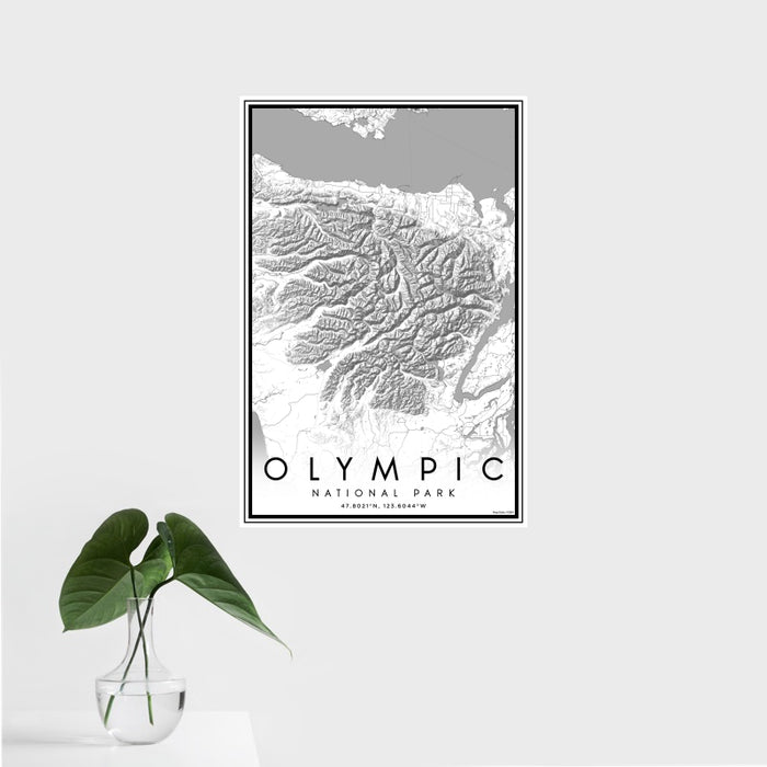16x24 Olympic National Park Map Print Portrait Orientation in Classic Style With Tropical Plant Leaves in Water