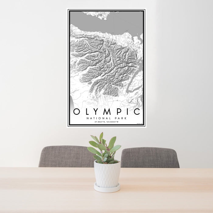 24x36 Olympic National Park Map Print Portrait Orientation in Classic Style Behind 2 Chairs Table and Potted Plant