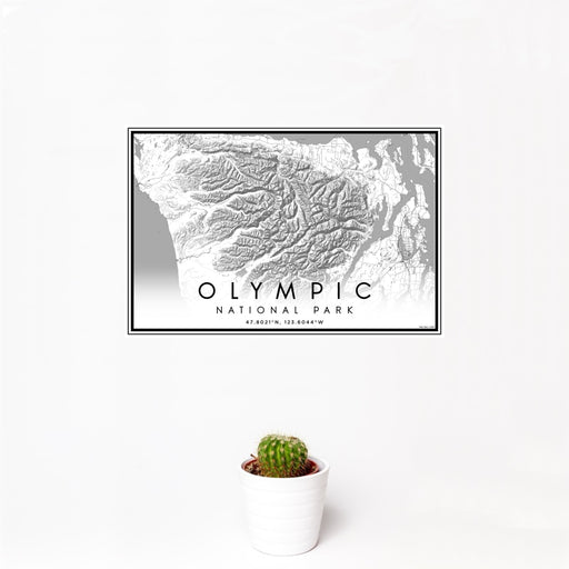 12x18 Olympic National Park Map Print Landscape Orientation in Classic Style With Small Cactus Plant in White Planter