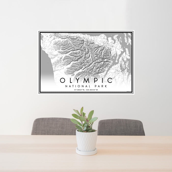 24x36 Olympic National Park Map Print Landscape Orientation in Classic Style Behind 2 Chairs Table and Potted Plant